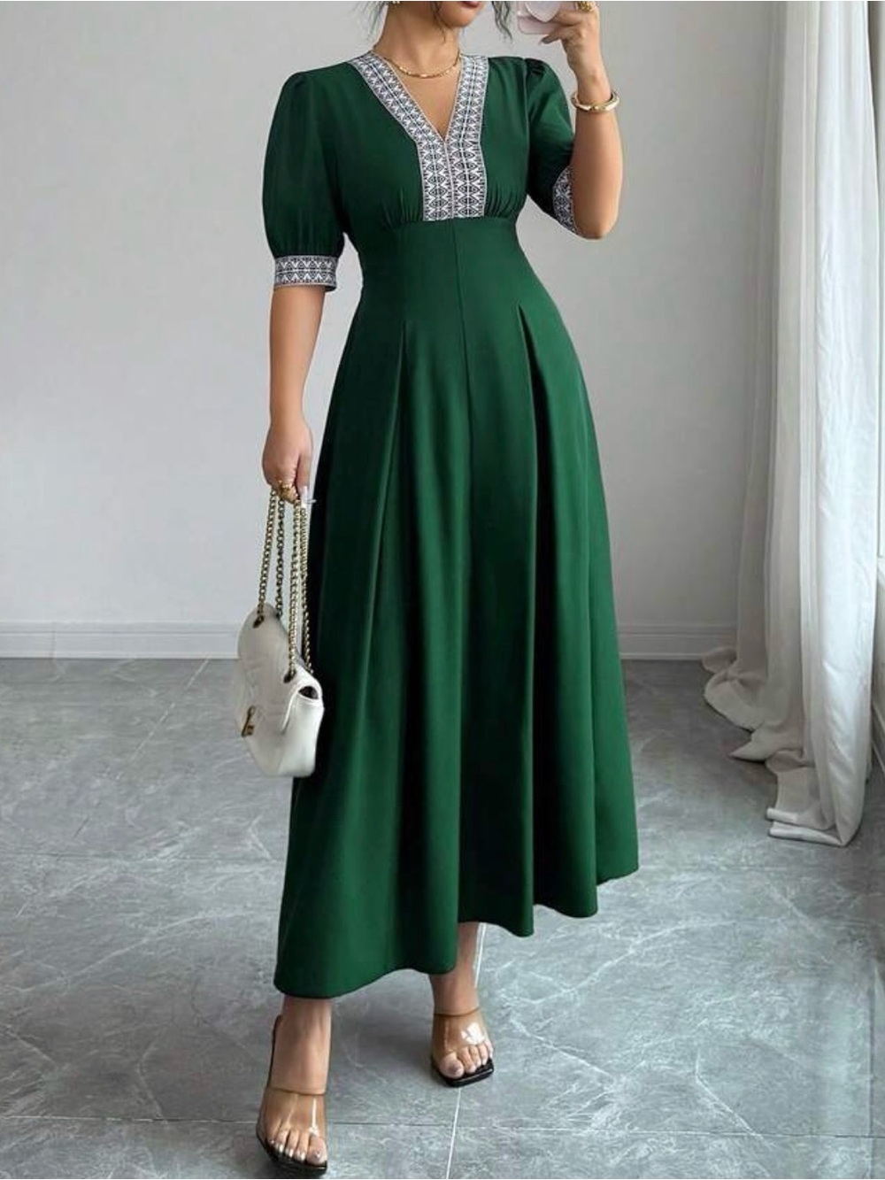 Elegant Emerald V-Neck Midi Dress with Embroidered Trim